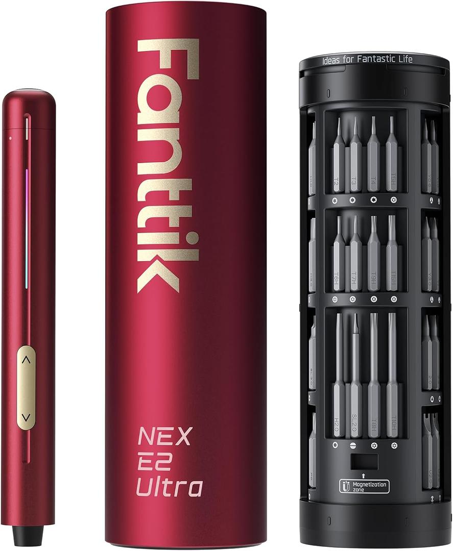 Fanttik E2 Ultra Mini Electric Screwdriver, Cordless Screwdriver, Max 0.6N.m, 50 Magnetic Bits, 5/ 32'' Hex, Magnetic Storage, Repair Tool for Electronics, Camera, Laptop, and PC Build (Red)