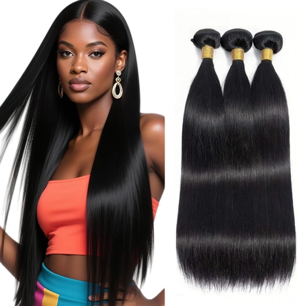 24 26 28 Inch Straight Human Hair Bundles Natural Black Bundles Human Hair Straight 150g Color #1B Bundle Unprocessed Virgin Bundle