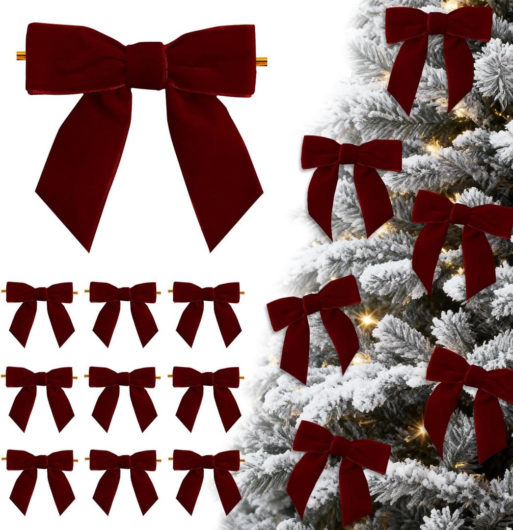 24 Pcs Burgundy Dark Red Small Velvet Bows Ornaments for Christmas Tree, Vintage Cute Velvet Bows Home Decor for Tree Mantle Wreath Gift Wrapping Crafts, 0.98 W/3.14 * 3.14 inch