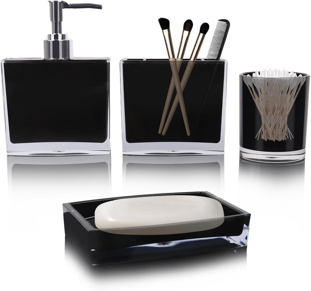 4-Piece Sleek Black Acrylic Bathroom Accessories Set Soap Dispenser, Toothbrush Holder, Soap Dish & Mouthwash Cup, Vanity Countertop Organizer for Modern Black Bathroom Decor