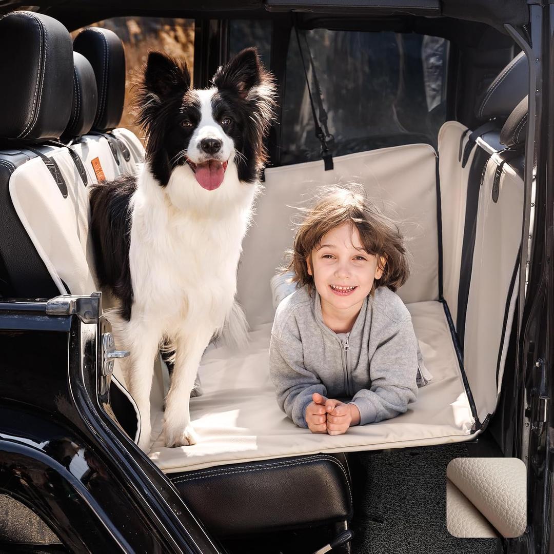 Back Seat Extender for DogsHeavy Duty Leatherette Cover for Back Seat Wash-Free Hard Bottom Dog Hammock for Car Holds 500lbsTravel Dog Bed for Car SUV Truck-Ivory/Nappa