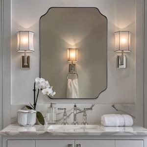 ANDY STAR Chrome Bathroom Mirror, 24x32 Inch Polished Chrome Rectangle Mirror, Scalloped Bathroom Mirror with Stainless Steel Metal Frame, Thin Frame Deep 1