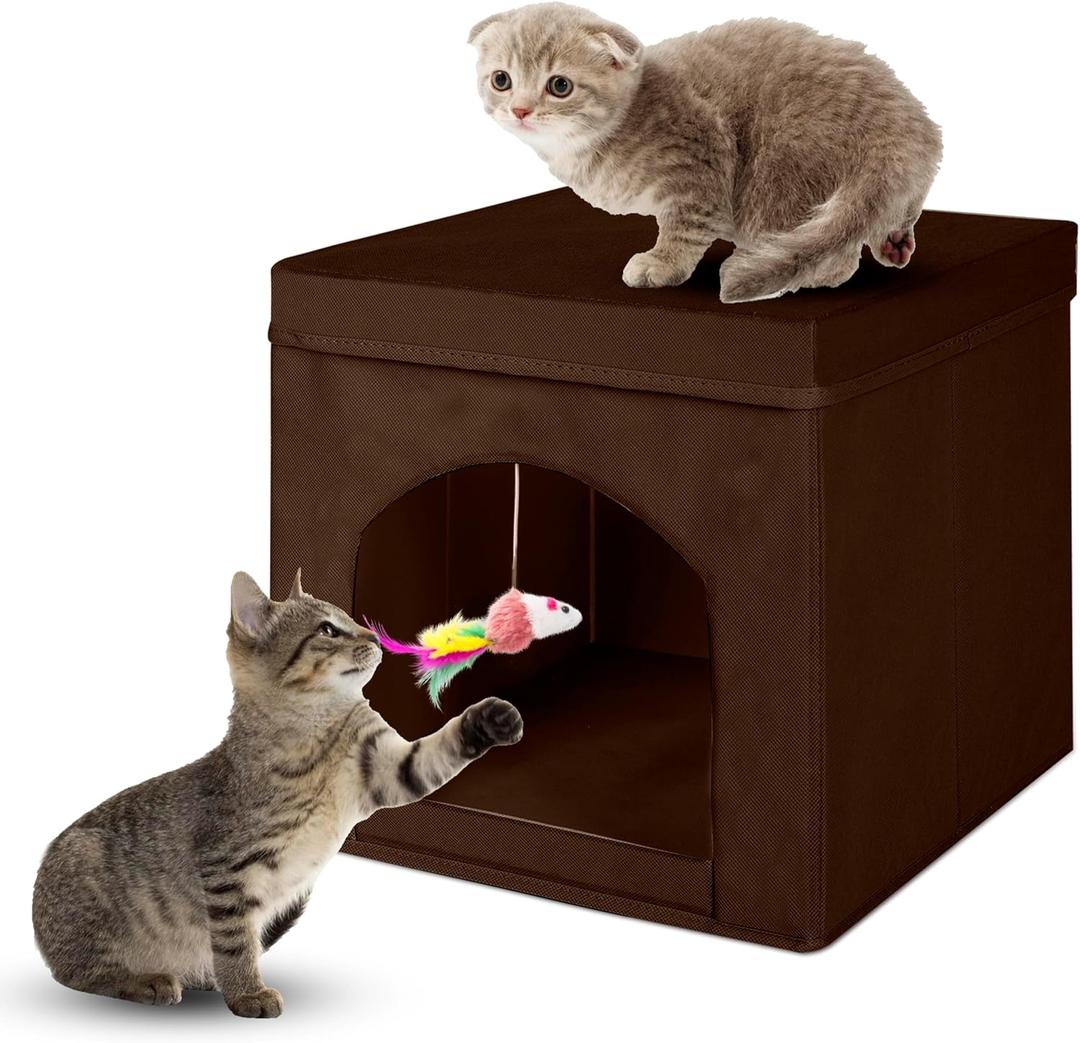 Powering Collapsible Cat House for Indoor Cats - Foldable Cat Cube with Top Cushion and Mat, 13 x 13 x 13 Inches, Brown