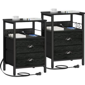 Furologee Nightstand Set of 2, Black Oak, with Charging Station and USB Ports, Side Tables with 2 Fabric Drawers, Bedside Tables with Storage Shelf & Hooks, for Living Room/Bedroom (2 pc, Black Oak+black Oak)
