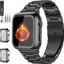 Compatible with Apple Watch Band 49mm 46mm 44mm 45mm 42mm 40mm 38mm 41mm, Stainless Steel iWatch Bands with 2 Pack Tempered Glass Case for Series 11/10/9/Ultra 3 2/8/7/6/5/4/3/2/1/SE for Men (Black)