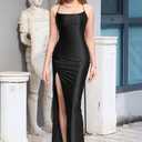 Memoriesea Women's Sexy Spaghetti Strap Bodycon Cowl Neck Party Cocktail Maxi Dress (Black, L)