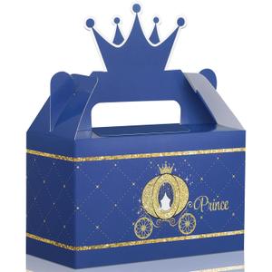 Prince Party Crown Treat Box Blue and Gold Candy Goodies Box Party Supplies for Baby Shower Boy Birthday Decorations, 5.95 x 3 x 7.5 Inch (12 Pieces)