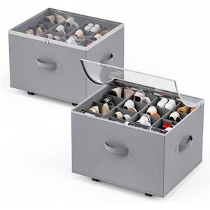 HOUSE AGAIN Shoe Organizer for Closet, 2 Pack Shoe Storage Organizer with Wheels, Foldable Shoe Storage Box with Adjustable Dividers and Clear Cover, Reinforced Handles, Fits up to 16-32 Pairs, Gray