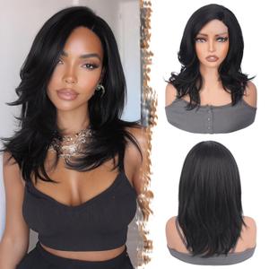 Natural Black Wig for Women  Side Part Layered Straight Wig with Lace Front, Realistic Hairline & Soft Yaki Fiber, Lightweight Natural Look - Natural Black, 14 Inch