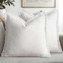 MIULEE Decorative Throw Pillow Covers Neutral Linen Fringe Throw Pillows Euro Shams Set of 2 White Boho Farmhouse Cushion Covers for Couch Sofa Bed Living Room Spring Home Decor 24x24 Inch