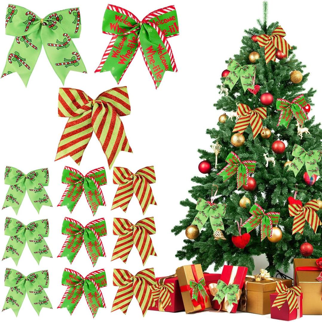 2 x Red Green Christmas Bows Decoration 12Pcs Christmas Wreath Bows Ornaments Large Xmas Tree Bow Ribbon Ornaments Glitter Dot Stripe Bows Ribbons Decoration for Xmas Garland Wedding Home Holiday