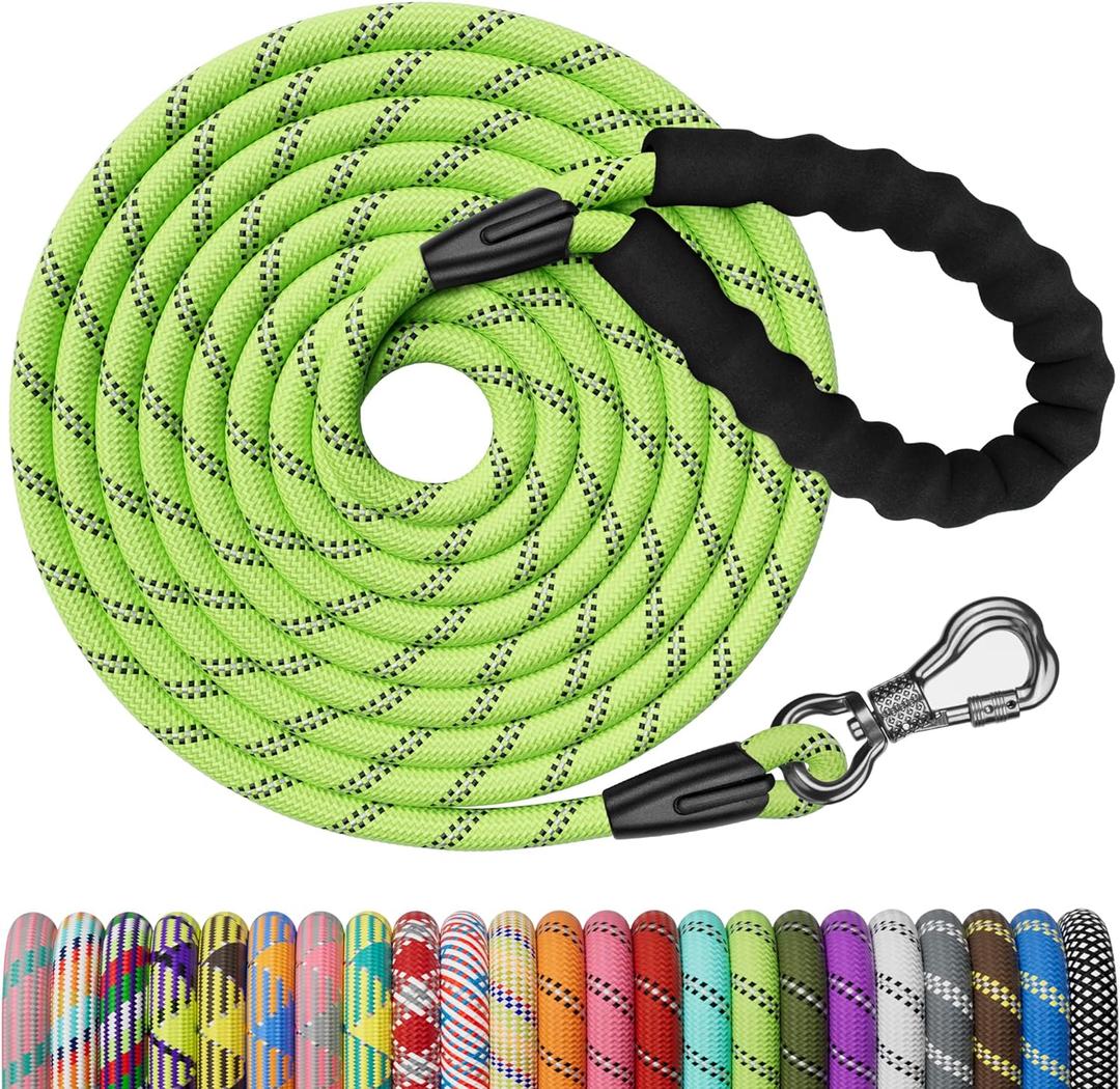 NTR Heavy Duty Dog Leash, 15FT Training Leash with Swivel Lockable Hook, Padded Handle and Highly Reflective Threads, Dog Lead for Walking, Hunting, Camping, Backyard for Small Medium Large Dog (15ft*1/2", Green)