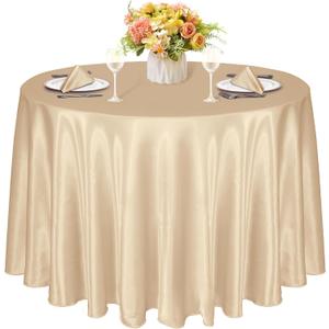 KKJIAF 1 Pack 120 Inch Round Tablecloth Satin Champagne Round Table Cover, Silky Satin Dining Table Cloth for Wedding, Party, Banquet, Restaurant, Formal Events