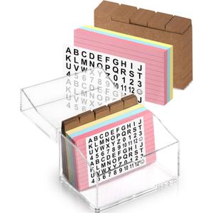 3 x 5 Inch Acrylic Index Card Holder Clear Flash Card Holder Recipe Card Box 150 Pcs Ruled Lined Index Cards 30 Pcs Kraft Dividers A to Z Stickers For Holds 400 A-Z Tabs Note Cards Business Cards