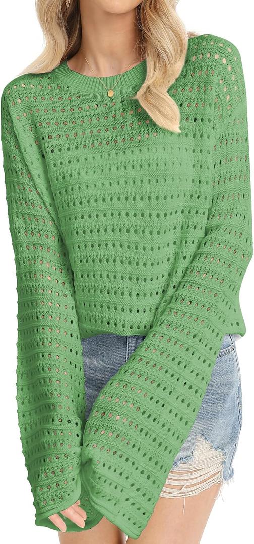 QUALFORT Women's Crochet Sweater, Hollow-Out Knit Long Sleeve Pullover (L)