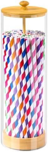VEGEVIGI Acrylic Straw Holder For Counter With Bamboo Lid, Straw Dispenser Organizer For Home, Clear Plastic Drinking Straw Storage Container
