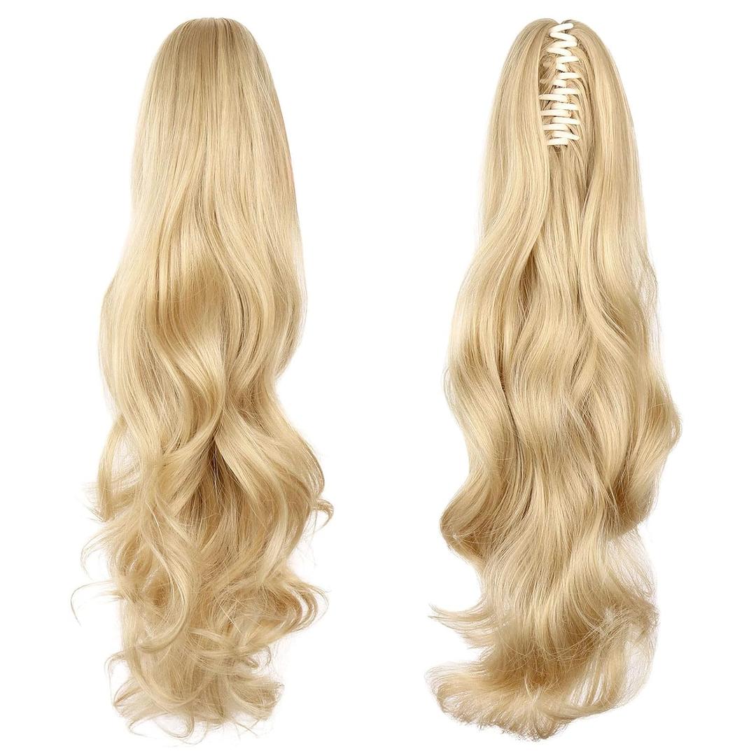 Ponytail Extension, 22" Long Claw Hair Extension Synthetic Curly Wavy Hairpieces Clip in Ponytail Wig Daily Fluffy Pony Tail for Women, 4.8 OZ, Blonde