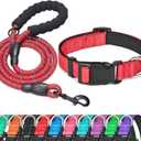 Ladoogo Reflective Dog Collar Padded with Soft Neoprene Breathable Adjustable Nylon Dog Collars for Small Medium Large Dogs (X-Small (Pack of 1), Red Collar+Leash)