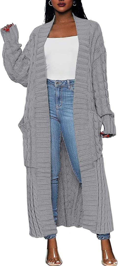 Caracilia Womens Long Cardigan Sweaters 2025 Fall Open Front Coat Long Sleeve Cable Knit Maxi Outerwear Trendy Jacket Clothes (Large, Grey)