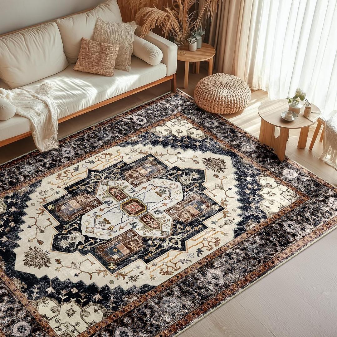 Washable 5x7 Area Rugs, Rugs for Living Room, Low-Pile Water&Stain Resistant Carpet Vintage Distressed Printed Non-Slip Carpet for Bedroom Bathroom Kitchen-Light Yellow/Choco/Brown/Navy Blue