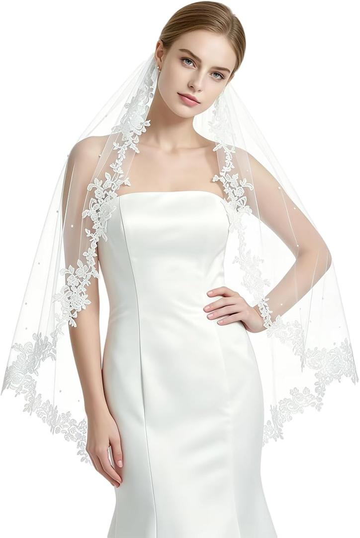Wedding Veil Lace 1 Tier Cathedral Length Fingertip Length Bride Veil with Metal Comb