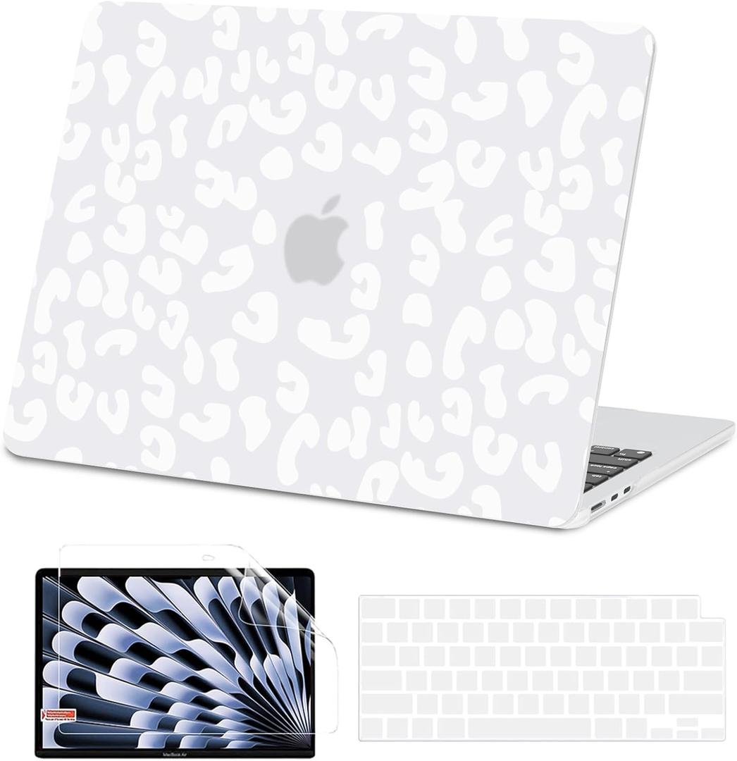 AKIT Compatible with MacBook Air 13 inch Case 2026 2025 2024-2022 M4 M3 M2 A3240 A3113 A2681, Unique Hard Shell Laptop Case+Screen Protector+Keyboard Cover for MacBook Air 13.6 inch, White Leopard