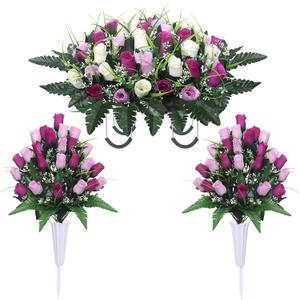 Lodou Artificial Cemetery Flower Saddles for Graves, Cemetery Memorial Flowers with Vase and 2 Memorial Bouquets for Grave Tombstone,Outdoor Grave Saddle Headstone Decorations (Purple White)