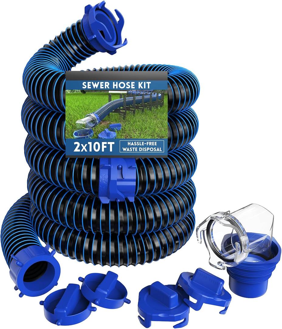 DUMPMAN 20 FT RV Sewer Hose Kit, Sewer Hose for RV Camper - Includes 2 Attachable 10 ft Sewer Hose with Swivel Fitting, 90 Degree Clear View Sewer Adapter, and 4 Storage Caps
