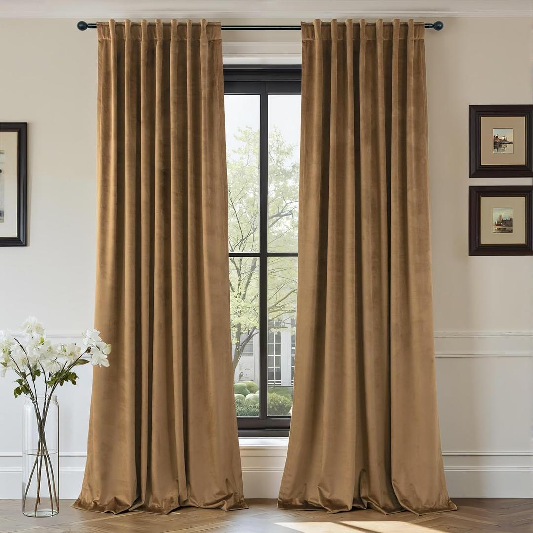 90 Inch Long Curtains Velvet Gold Brown Modern Farmhouse Thermal Curtain for Summer Heat Vintage Boho Rustic Neutral Elegant Fall Drape for Bedroom Dining Room Darkening Mid Century Decor 2 Panels Set
