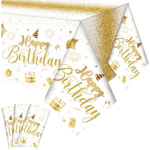 Tudomro 3 Pcs Happy Birthday Tablecloths Happy Birthday Party Decorations Plastic Table Cover Rectangular Cloths for Women Men Baby Shower Party Supplies, 108 x 54 Inch (White Gold)
