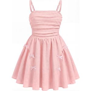 Girls Summer Dress Boho Dress Adjustable Spaghetti Straps A-line Sundress Cute Beach Party Dresses with Bows (11-12 Years, Pink)