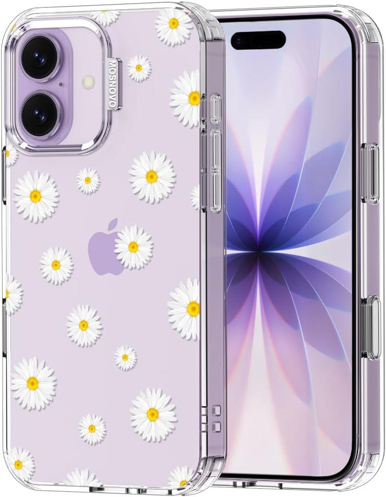 MOSNOVO for iPhone 17 Case | Military Grade 6.6ft Drop Tested | Camera Control | Clear with White Daisy Design