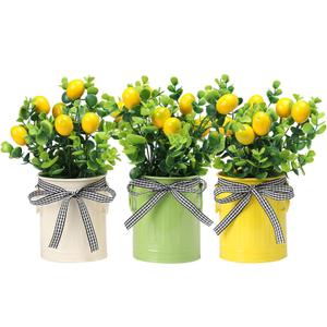 3 Pack Spring Lemon Decor for Kitchen, Artificial Lemons Branches with Colorful Metal Pots, Spring Summer Farmhouse Greenery Decoration for Home Kitchen Living Room
