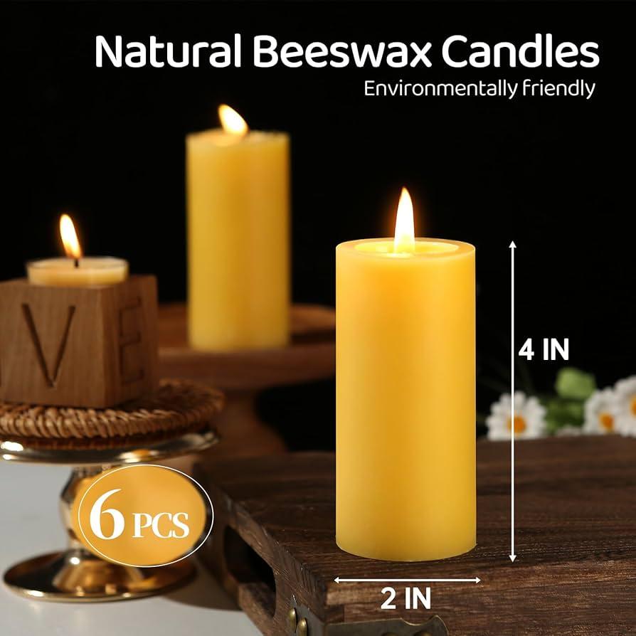 Natural Beeswax Pillar Candles 6 Pack, Pure Beeswax Candles210 Hours Long Burning, Bees Wax Candles for Home,Paryer,Parties, Dripless Pillar Beeswax Candle Bulk 2x4in