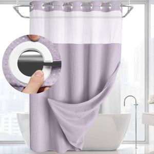No Hook Shower Curtain with Snap in Liner Set Less Time Waffle Shower Curtain for Bathroom (Lavender, 87" L x 72" W) (Extra Long 87"L x 72"W)
