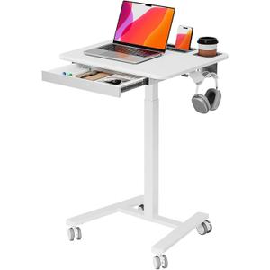 Small Mobile Standing Desk with Drawer, 23.6"x19.7" Rolling Laptop Cart on Wheels, Height Adjustable Sit Stand Computer Workstation with Storage for Compact Space, White