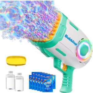 Play-Act Bubble Machine Guns, 69 Holes Bazooka Rocket Shape Bubble Gun for Kids Adults, Colored Lights Blaster Blower with Solution Outdoor, Summer Toys, Party Favors, Wedding, Birthday, Easter (Green)