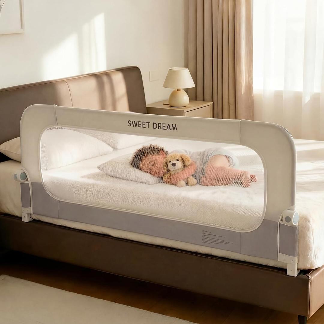 Bed Rail for Toddlers, 59in Folding Toddler Bed Rail Guard with Reinforced Anchor System & Sturdy Metal Frame, Portable Bed Railing for Baby Fits Crib,Twin, Queen & King Bed, Breathable Mesh