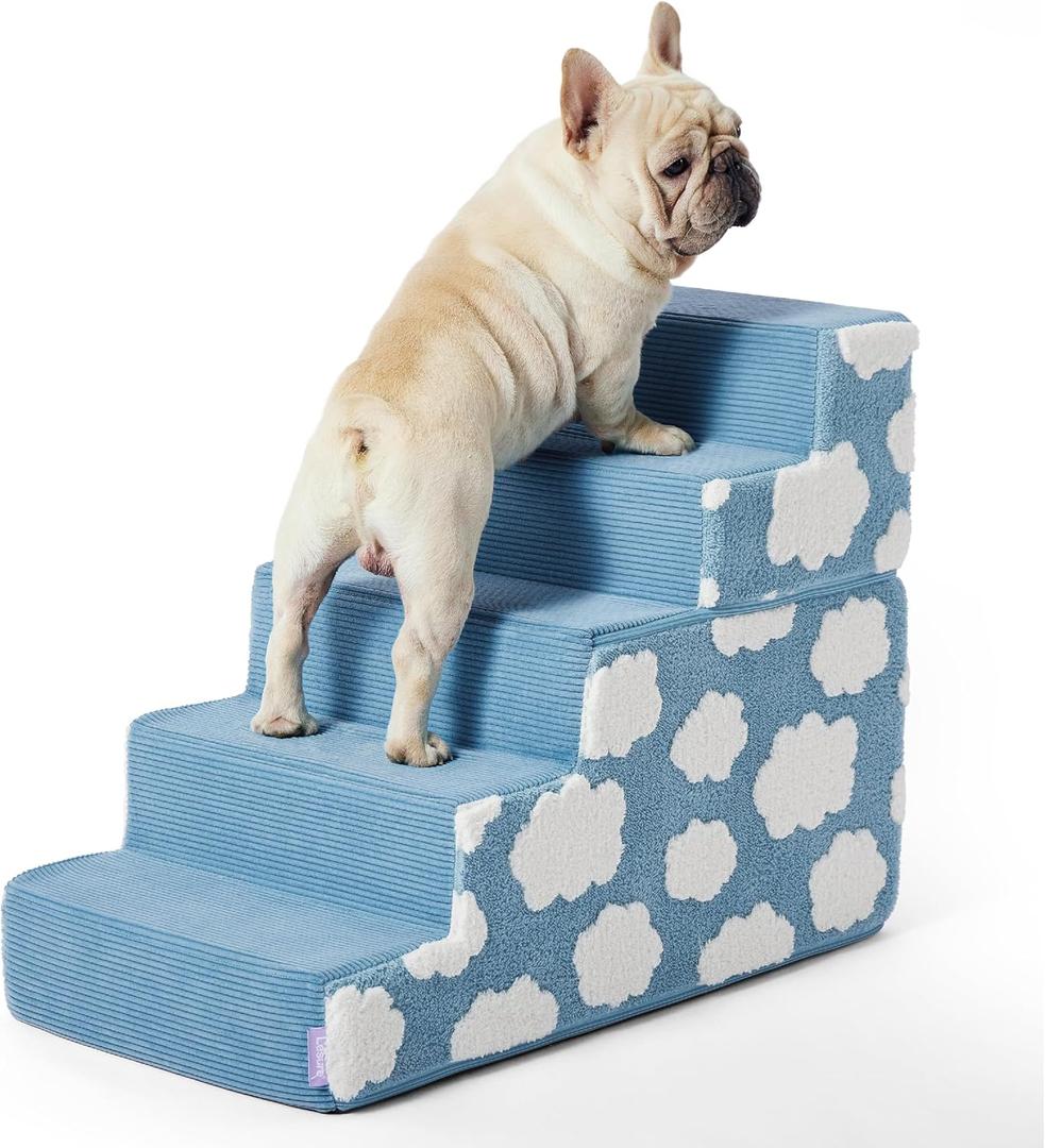 Lesure Dog Stairs for High Bed 22.5" H 5-Step Foam Pet Steps Foldable for Couch Sofa and Chairs Jacquard Shaggy Plush for Small Dogs with Supporting Board and Non-Slip Bottom, Light Blue