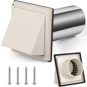 Gisafai 4" Outside Dryer Vent Cover for Exterior Walls Exhaust Vent Cap with Removable Extension Pipe Stainless Steel Hood Cushioned Non Return Flap with Sealing Gasket Grille Screen, Tan