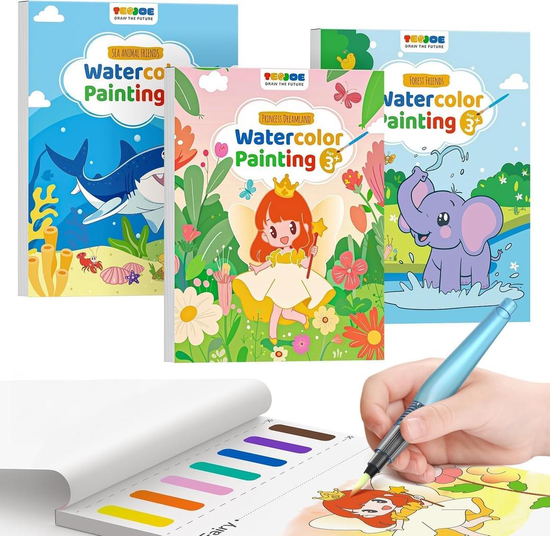 TECJOE 3 Pack Paint with Water Coloring Books for Toddlers, Mess Free Watercolor Painting Set with 6 Brushes, Travel Art Craft Activities Toys Birthday Gifts for Kids Ages 3-8, Forest, Sea & Princess