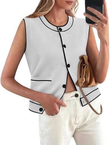 Yousify Womens Knit Tank Tops 2025 Summer Sleeveless Sweater Vest Round Neck Button Down Casual Cardigan with Pockets, White, L Size