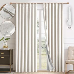 Pinch Pleated 100% Blackout Linen Curtains 95 Inches Long for Bedroom Natural Black Out Pleat Curtains for Living Dining Room Darkening Thermal Insulated Window Curtain Drapes with Pin Hooks, 2 Panels