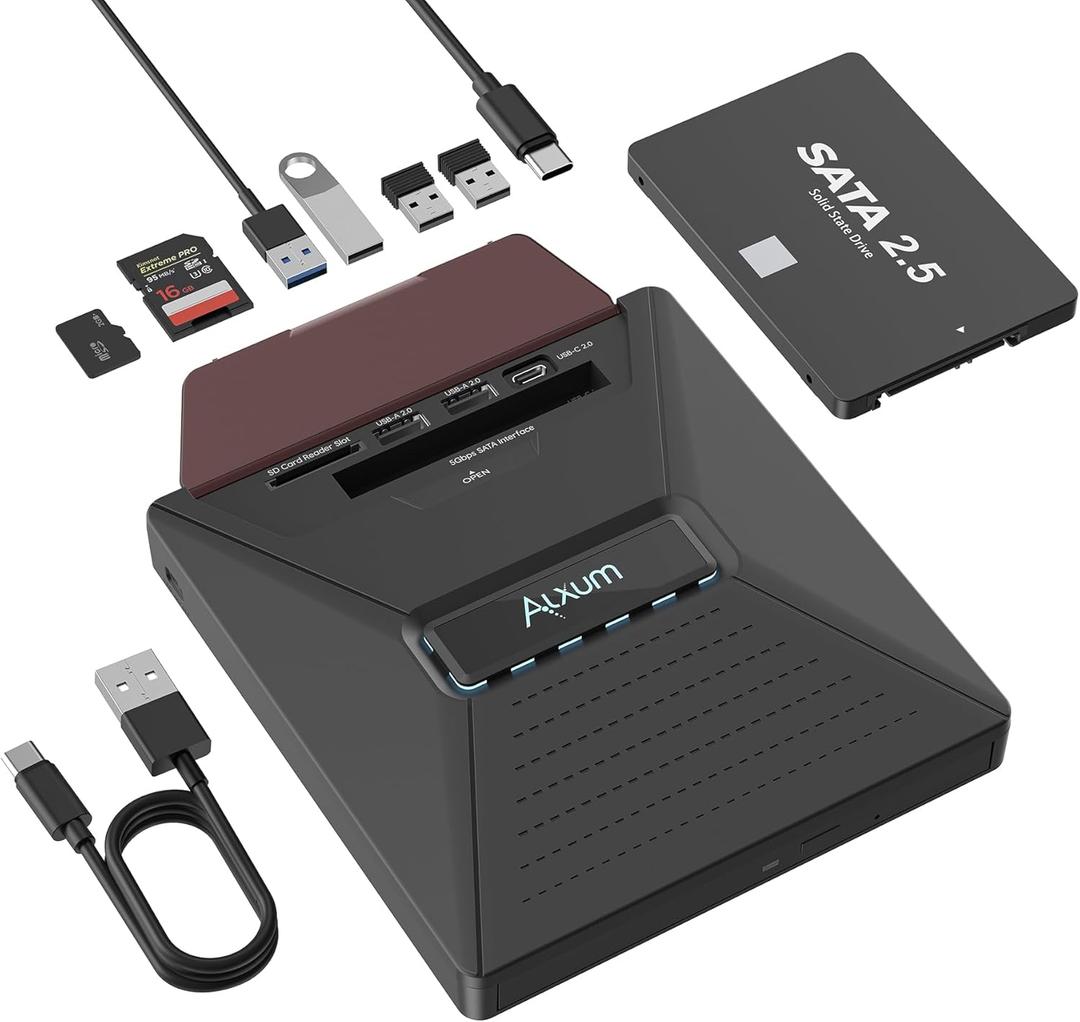 Alxum Laptop External CD DVD Drive - CD/DVD Burning Supports SATA 2.5" Hard Drive 3 USB 2.0 Interfaces and SD Micro SD Compatible with Win2000/XP Linux Mac 10 OS System SATA&CD, SD&CD Mutual Burning