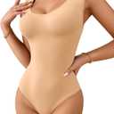 MANGOPOP Sleeveless Bodysuit For Women Scoop Neck Double Lined Tank Top Body Suit Basic Fitted Summer Going Out Tops (Beige, XL)