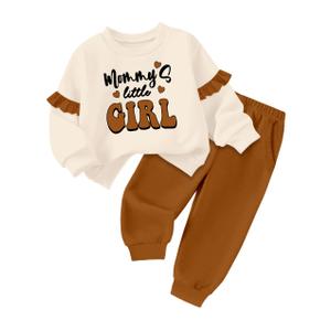 TyeSmo Toddler Girl Clothes 24 18 Months Girl Clothes 18-24 Months Girls Clothing Ruffle Long Sleeve Crewneck 2 Piece Outfits Mommy's Little Girls Printed Sweatshirt Pants Spring Brown