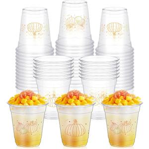 Yaomiao 50 Pcs 12 oz Fall Thanksgiving Plastic Cups Bulk Disposable Fall Cups Clear Pumpkin Maple Leaves Drinking Decorations for Harvest Autumn Thanksgiving Birthday Party Supplies