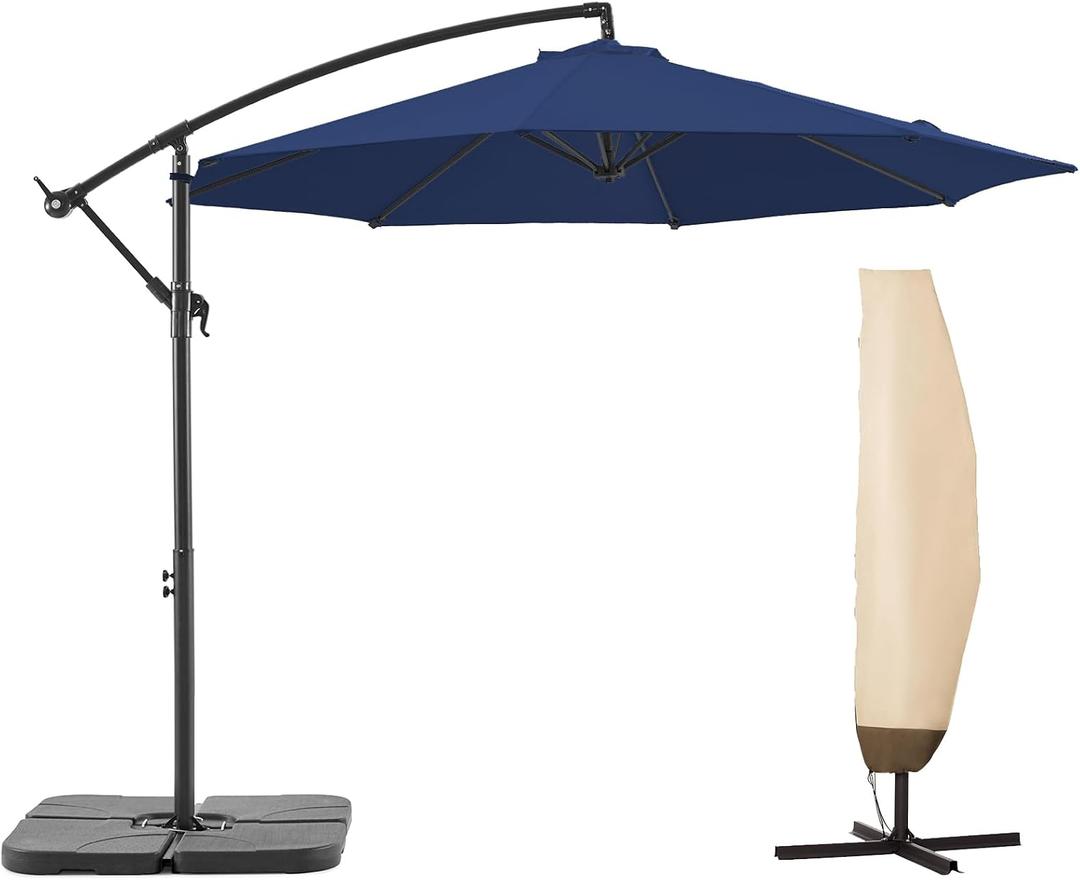 10 FT Patio Offset Umbrella Outdoor Cantilever Umbrella Hanging Umbrellas, Fade Resistant Crank & Cross Base (Navy Blue)