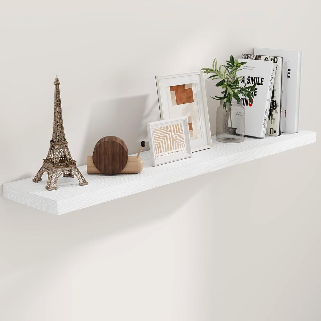 55 Inch White Floating Shelves, 9.3 Inch Deep Wall Mounted Floating Shelf, 55 x 9.3 Large Storage Wall Shelf for Living Room, Floating TV Stand, Farmhouse Rustic 55" Long Fireplace Mantel (55"W x 9"D x 1.5"H, Set of 1)