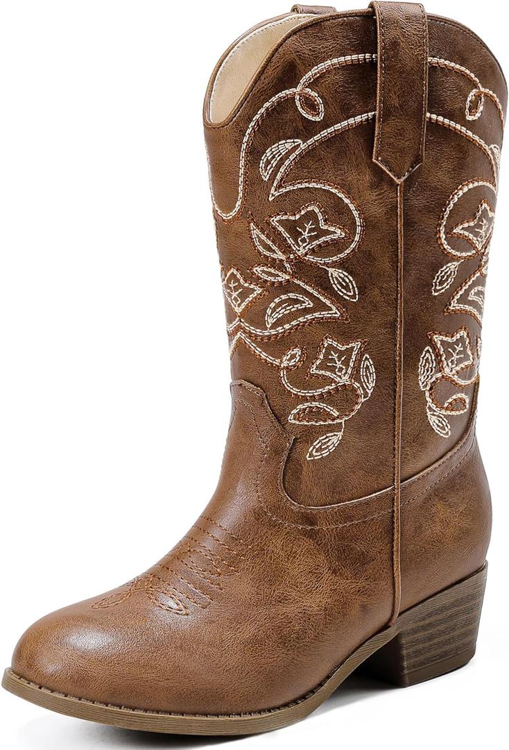 Cowgirl Boots for Girls Mid Calf Youth Girl Cowboy Western Boots Pointed Toe Embroidered for Horse Riding Country Party Toddler Little Big Kids (Brown)